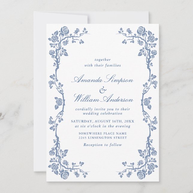 Elegant Baroque Blue French Garden Floral Wedding Invitation (Front)