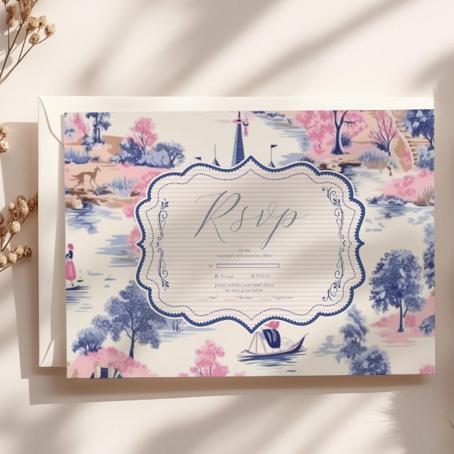 Elegant Baroque Blue French Garden Floral Wedding RSVP Card (Creator Uploaded)