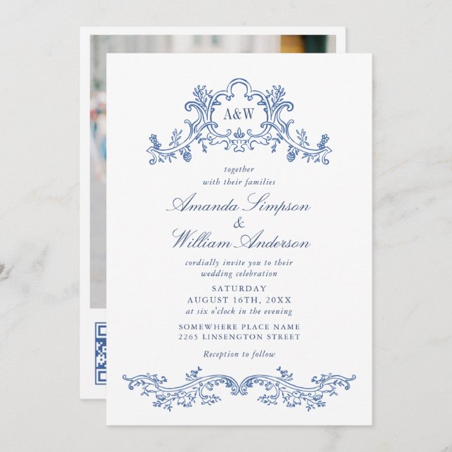 Elegant Baroque Blue Ornate Frame Wedding Photo QR Invitation (Front/Back)