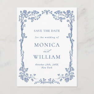 Elegant Baroque Blue Roses Wedding Save the Date Postcard