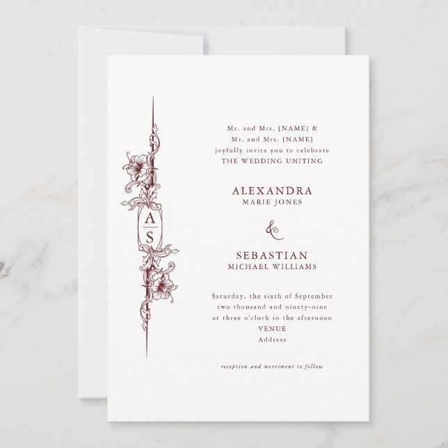 Elegant Baroque Burgundy Red Floral Formal Wedding Invitation (Front)