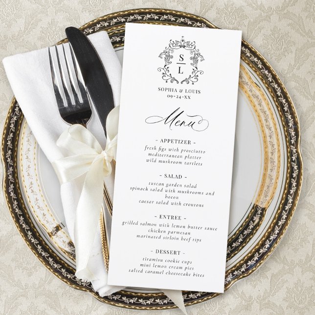 Elegant Baroque Crest Monogram Wedding Menu (Creator Uploaded)