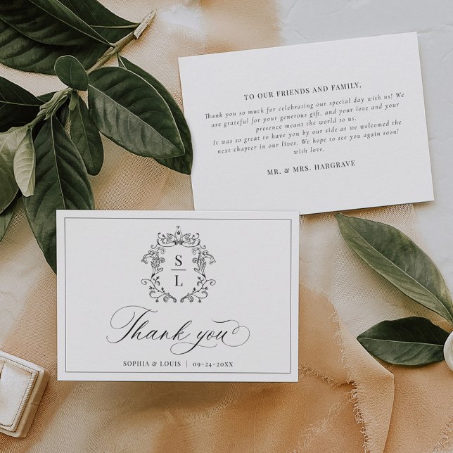 Elegant Baroque Crest Monogram Wedding Thank You Card (Creator Uploaded)