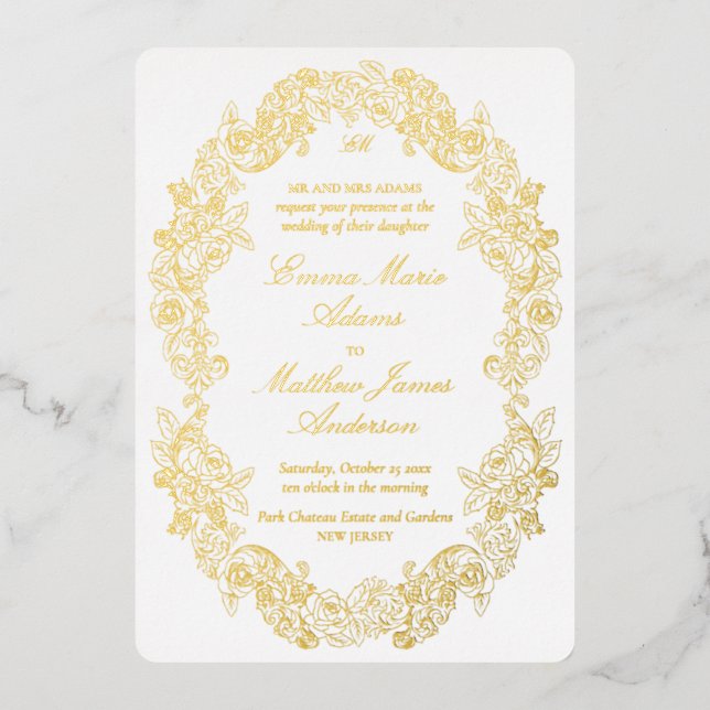 Elegant Baroque Crest Monogram White Back Wedding (Front)