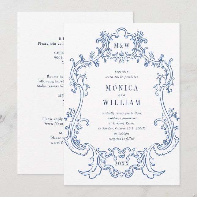 Elegant Baroque Dusty Blue Classy Frame Wedding Invitation (Front/Back)