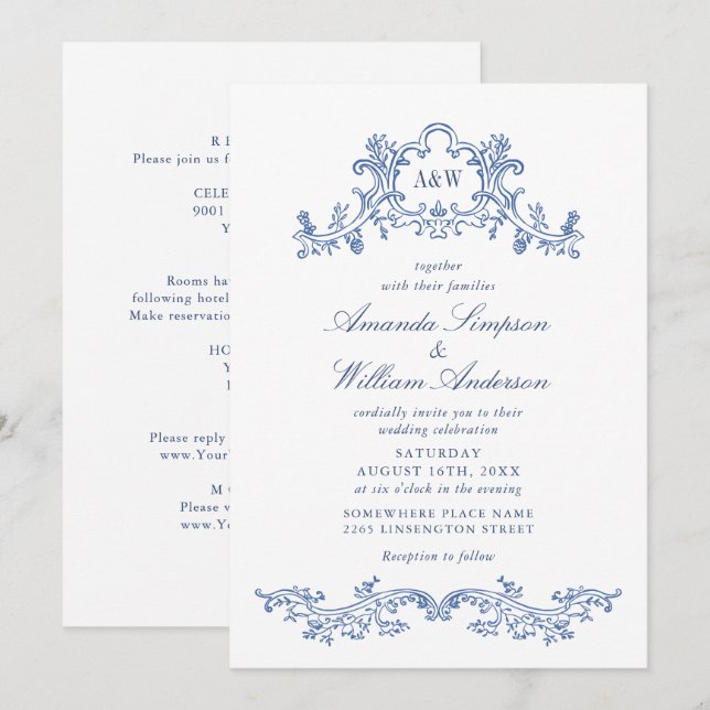 Elegant Baroque Dusty Blue Classy Frame Wedding Invitation (Front/Back)