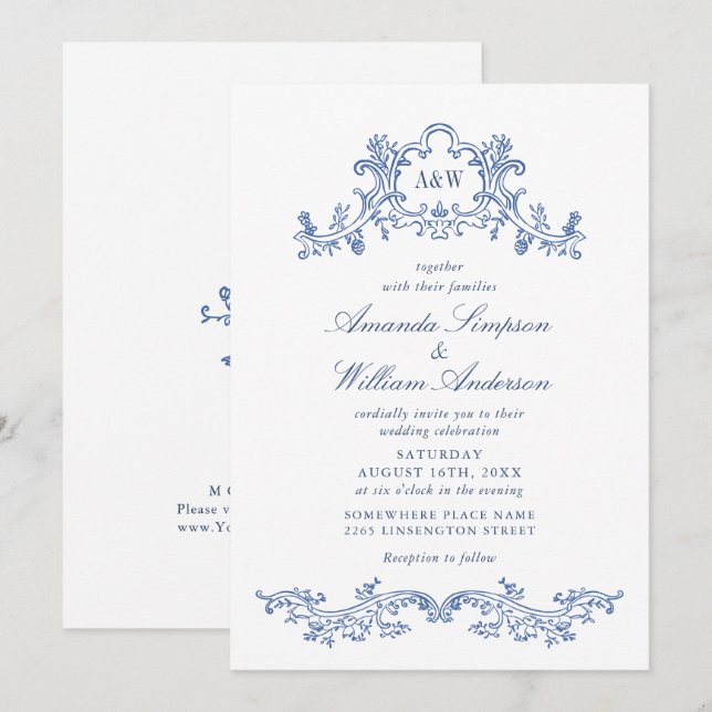 Elegant Baroque Dusty Blue Classy Wedding Invitation (Front/Back)