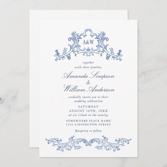 Elegant Baroque Dusty Blue Classy Wedding QR code Invitation (Front/Back)