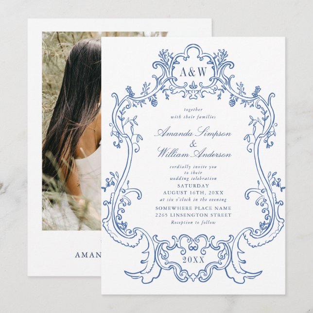 Elegant Baroque Dusty Blue Frame Photo Wedding Invitation (Front/Back)