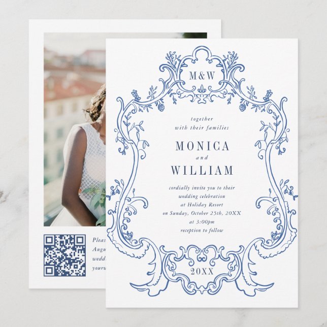 Elegant Baroque Dusty Blue Frame Photo Wedding Invitation (Front/Back)