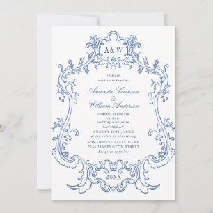 Elegant Baroque Dusty Blue Ornate Frame Wedding Invitation