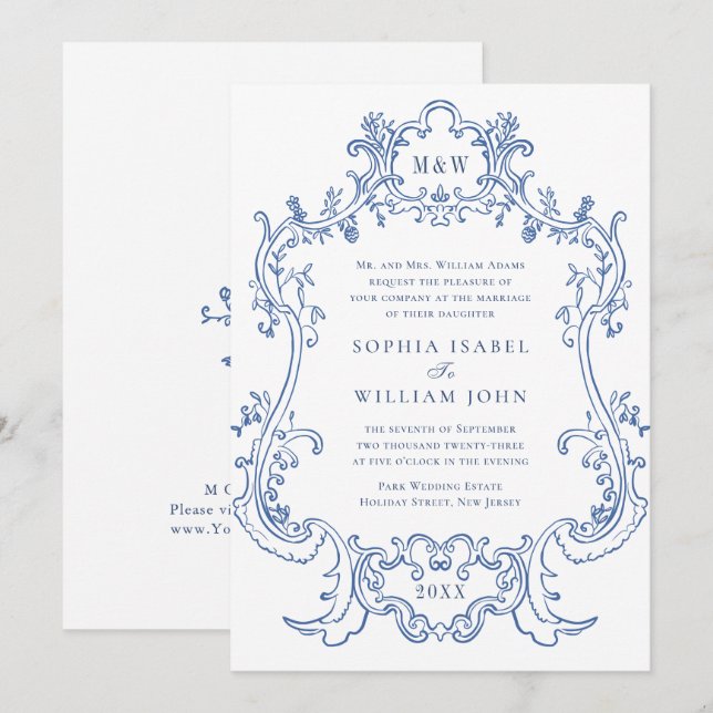 Elegant Baroque Dusty Blue Vintage Frame Wedding Invitation (Front/Back)