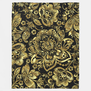 Elegant Baroque Floral Damasks In Gold & Black Fleece Blanket