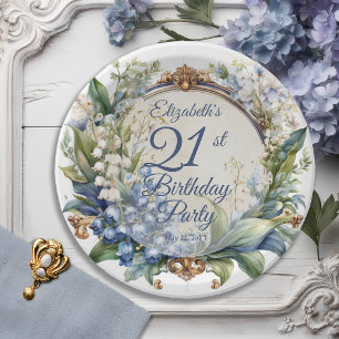Elegant Baroque Floral Frame 21st Birthday Party Paper Plate