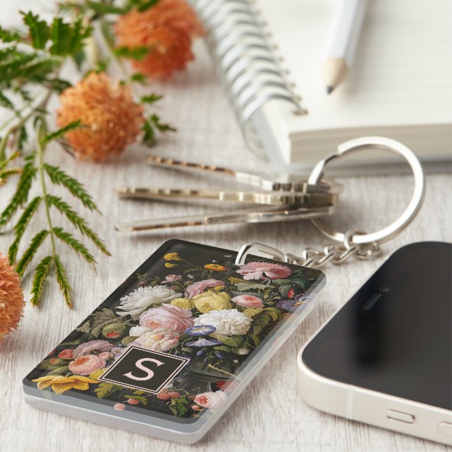 Elegant Baroque Flowers Still Life Art Painting Keychain (Front Right)