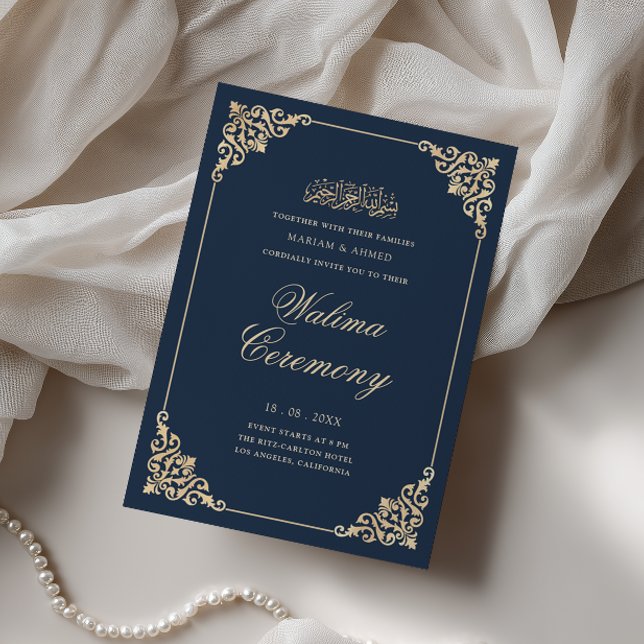 Elegant Baroque Frame Navy Blue Walima Ceremony Invitation (Creator Uploaded)