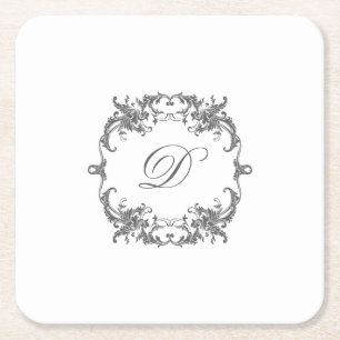 Elegant Baroque Frame with Your Monogram Initial Square Paper Coaster