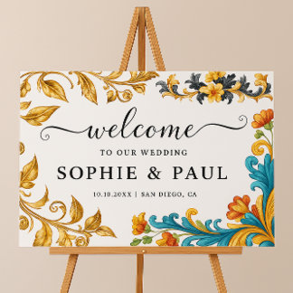 Elegant Baroque Gold Teal Wedding Welcome Sign