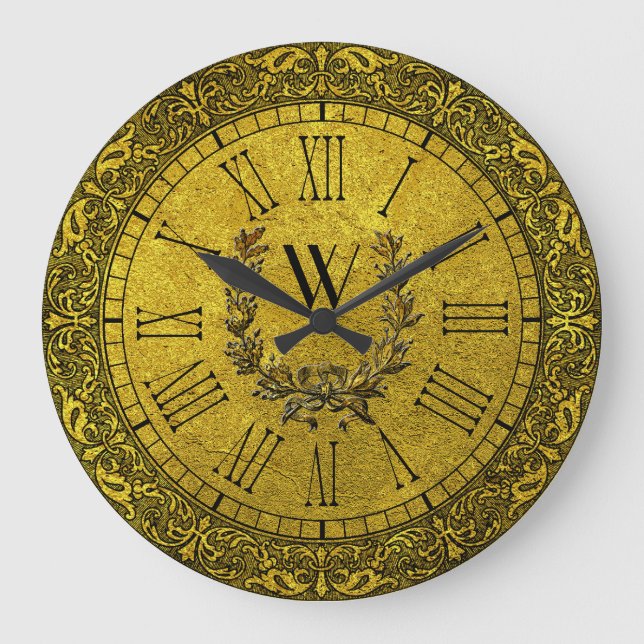 Elegant Baroque Gold Wreath Monogram Large Clock (Front)