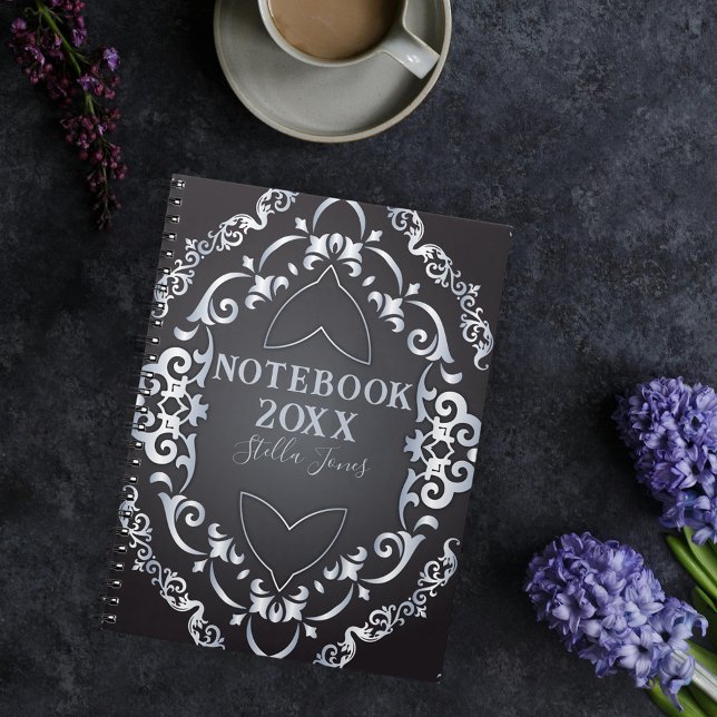 Elegant Baroque Luxury Chic Black and Silver Year Notebook (Creator Uploaded)