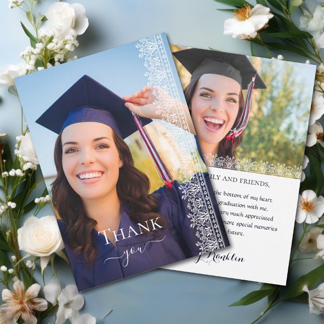 Elegant Baroque Victorian Lace Graduation Photo Thank You Card (Elegant Victorian Baroque Lace Edged Graduation Thank You Card customizable with space for 2 photos.)