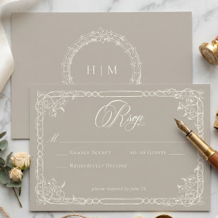 Elegant Baroque Vintage Neutral Tan Ivory Wedding RSVP Card
