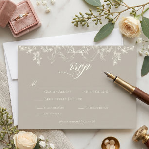 Elegant Baroque Vintage Neutral Tan Ivory Wedding RSVP Card