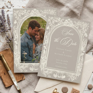 Elegant Baroque Vintage Neutral Tan Ivory Wedding Save The Date