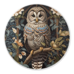 Elegant Barred Owl William Morris Inspired Ceramic Knob