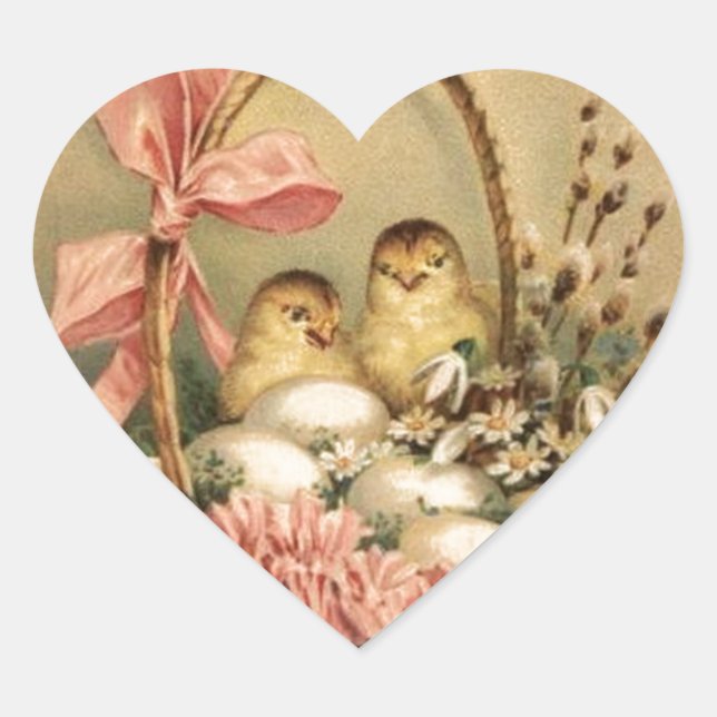 ELEGANT BASKET ,CHICKENS,FLOWERS AND EASTER EGGS HEART STICKER (Front)