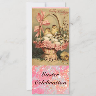 ELEGANT BASKET ,CHICKENS,FLOWERS AND EASTER EGGS INVITATION