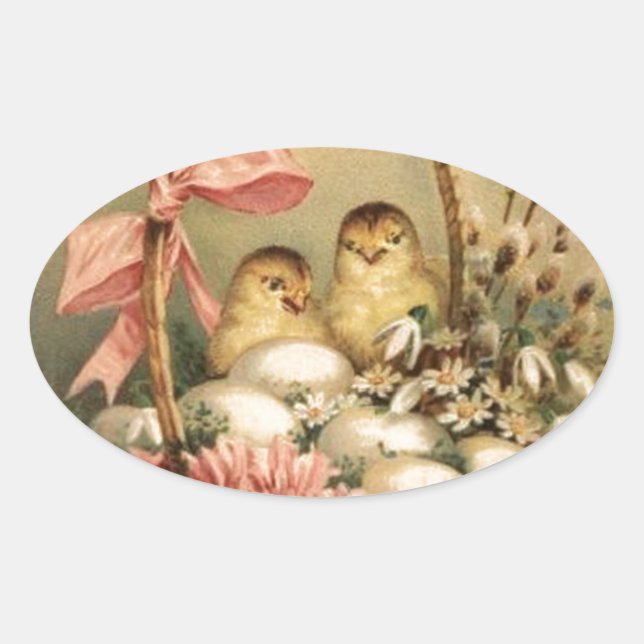 ELEGANT BASKET ,CHICKENS,FLOWERS AND EASTER EGGS OVAL STICKER (Front)