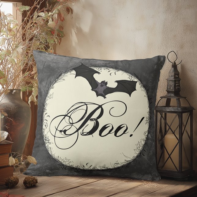 Elegant Bat Boo Halloween Throw Pillow (Halloween throw pillow with distressed moon, bat, and “Boo!” in script, gothic grunge Halloween home)