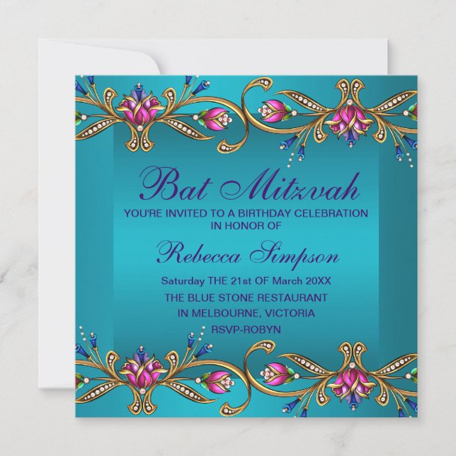 Élégant Bat mitzvah Floral Gem bleu Invitation (Devant)