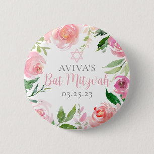 Elegant Bat Mitzvah Party Personalized Pink Floral 2 Inch Round Button