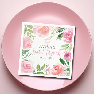 Elegant Bat Mitzvah Party Personalized Pink Floral Napkin