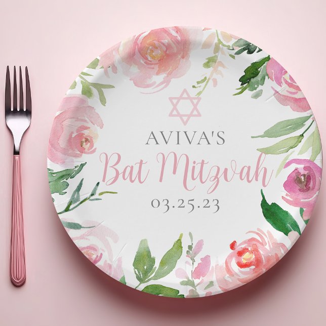Elegant Bat Mitzvah Party Personalized Pink Floral Paper Plate (Creator Uploaded)