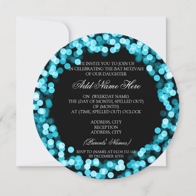 Elegant Bat Mitzvah Turquoise Sparkly Lights Invitation (Front)