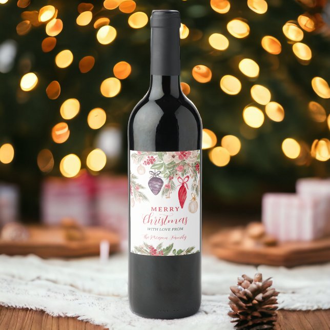 Elegant bauble pine floral watercolor Christmas Wine Label (Elegant bauble pine floral watercolor Christmas Wine Label)