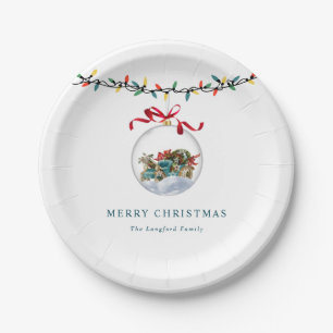 Elegant Bauble Red Bow Merry Christmas Paper Plate