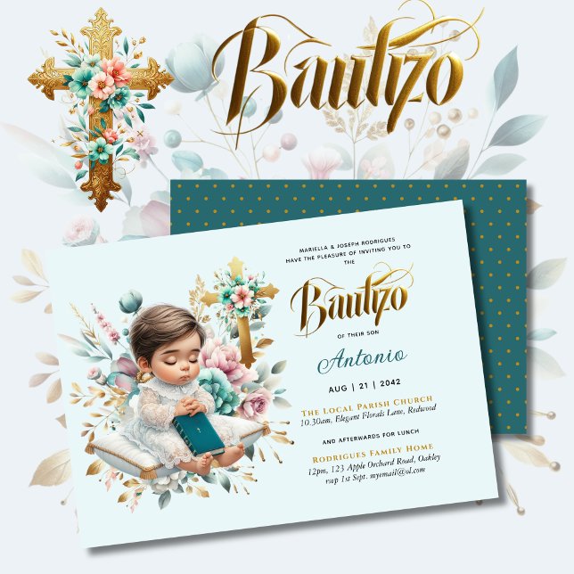 Elegant BAUTIZO Turquoise Gold Floral Cross Invitation (Creator Uploaded)