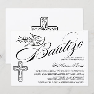 Elegant Bautizo Vintage Script Cross and Dove Invitation