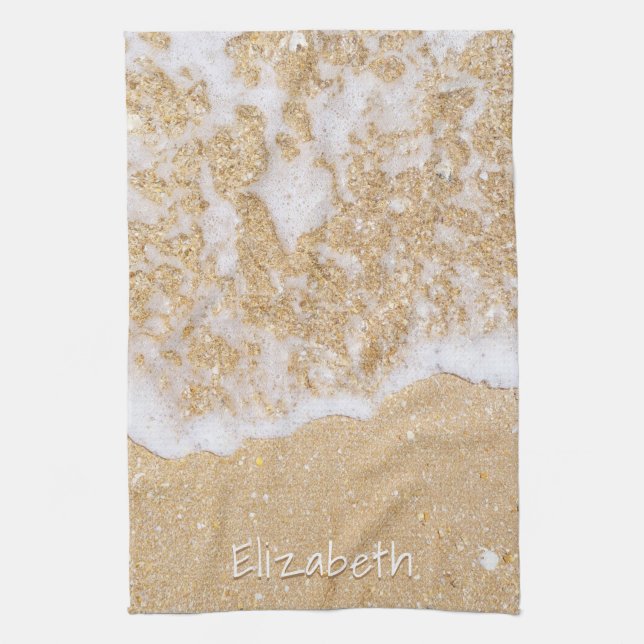 Elegant Beach and Sea Personalized Name  Kitchen Towel (Vertical)