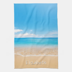 Elegant Beach and Sea Personalized Name  Kitchen Towel