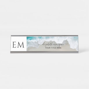Elegant Beach Blue Green Monogram Professional Desk Name Plate