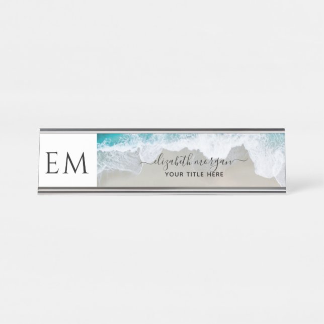 Elegant Beach Blue Green Monogram Professional Desk Name Plate (Front)