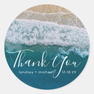 Elegant Beach Blue Ocean Thank You Wedding Favour Classic Round Sticker