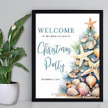 Elegant Beach Christmas Party Welcome Sign<br><div class="desc">Welcome guests to your holiday gathering with this festive and beachy Christmas party welcome sign. The design features a large Christmas tree on the right made of beach shells, starfish, and coral, bringing a fun coastal touch to your celebration. The tree's soft green, tan, and coral-red details pair perfectly with...</div>