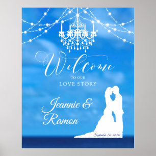 Elegant Beach, Couple & Chandelier Welcome Sign