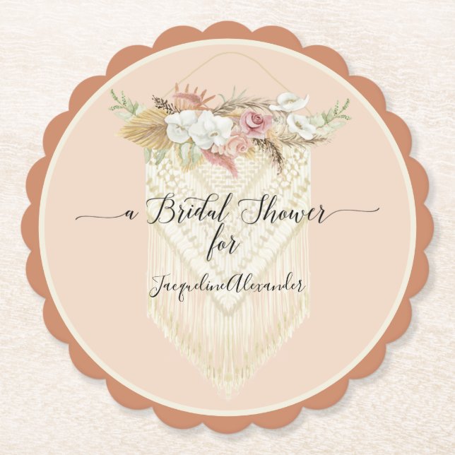 Elegant Beach Floral Greenery Blush Bridal Shower Paper Coaster (Front)